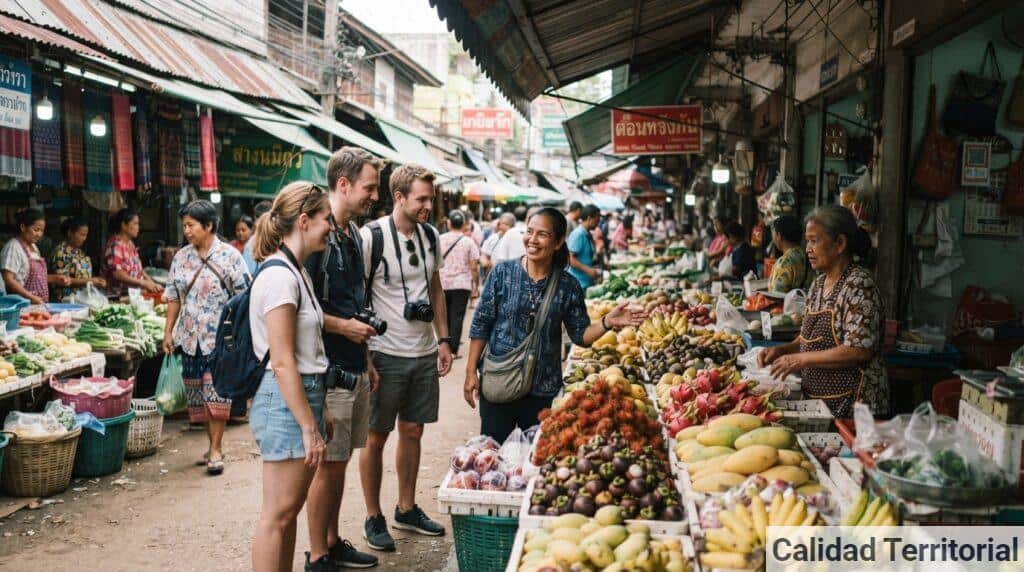 Viajeros acompañados por un guía local en Asia